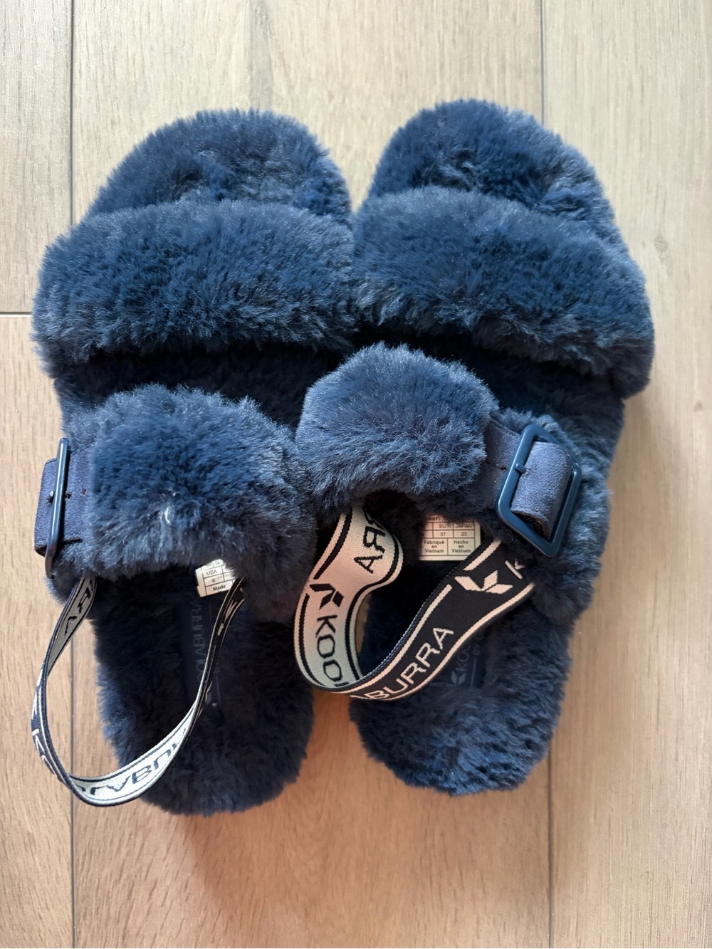 Koolaburra by UGG Navy Plush Shearling Slide Sandals with Branded Heel Strap